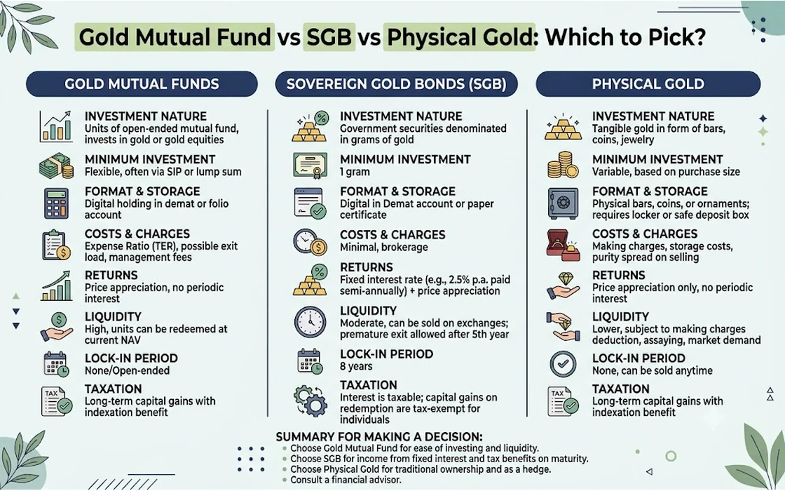 Gold Mutual Fund vs SGB vs Physical Gold: Which to Pick?